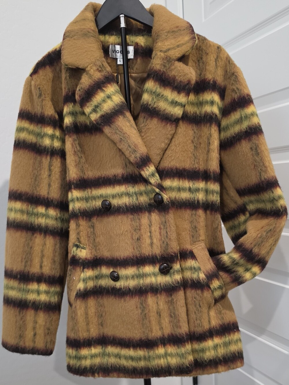 NWT Vigoss Plaid Double Breasted Peacoat Yellow Brown Green Women Sz Large